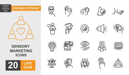 Sensory marketing line editable icon set. Analysis, aspirations, idea, assistance and more line icons