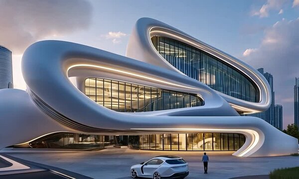 Futuristic White Parametric Building with Illuminated Curves and Glass Facades
