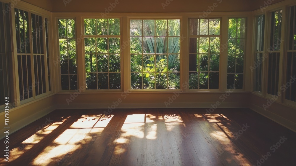 Poster sunlit room with large windows overlooking a lush garden.