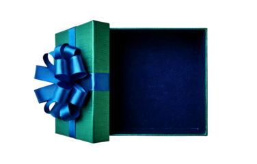 Green gift box with an open lid, decorated with a blue ribbon; PNG
