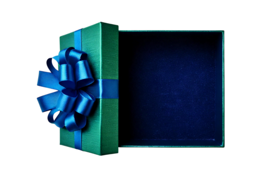 Green gift box with an open lid, decorated with a blue ribbon; PNG