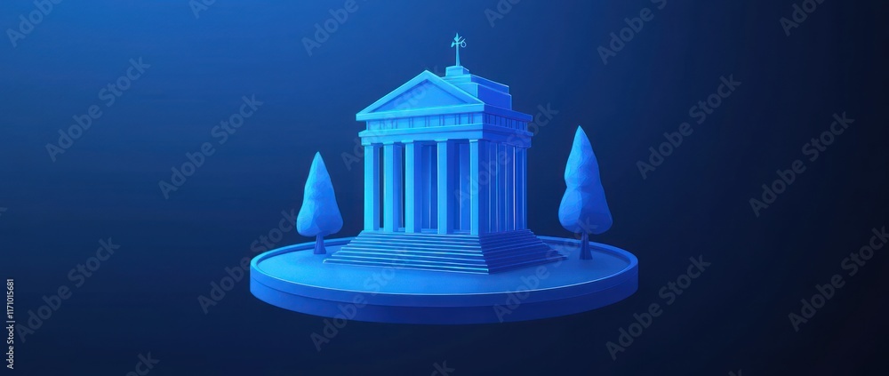 Fototapete 3d rendering of a classic temple on a small island with two trees.