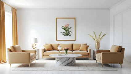 home living room farm house style with white sofa, wood side table, coffee table, vase, decor, plant, empty frame, table lamp and carpet interior