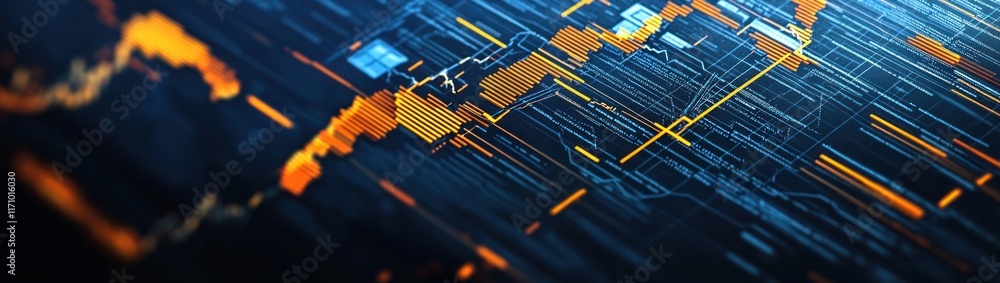 Fototapete abstract digital world map with glowing lines and data streams.