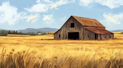Obraz premium Rustic Wooden Barn in Golden Wheat Field Under Blue Sky