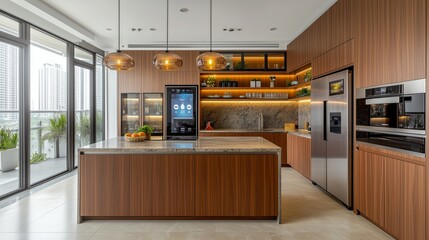 A contemporary kitchen with warm, wooden cabinetry and integrated smart appliances in a brushed metal finish. 