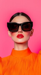 Glamorous Portrait of a Confident Woman Wearing Oversized Sunglasses and Orange Blouse Against a Bright Pink Background, Emphasizing Fashion and Beauty Trends