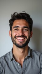 Obraz premium A handsome young man with dark hair and a well-groomed beard beams with a warm smile, radiating positivity. His casual gray shirt complements his friendly demeanor, creating an inviting atmosphere