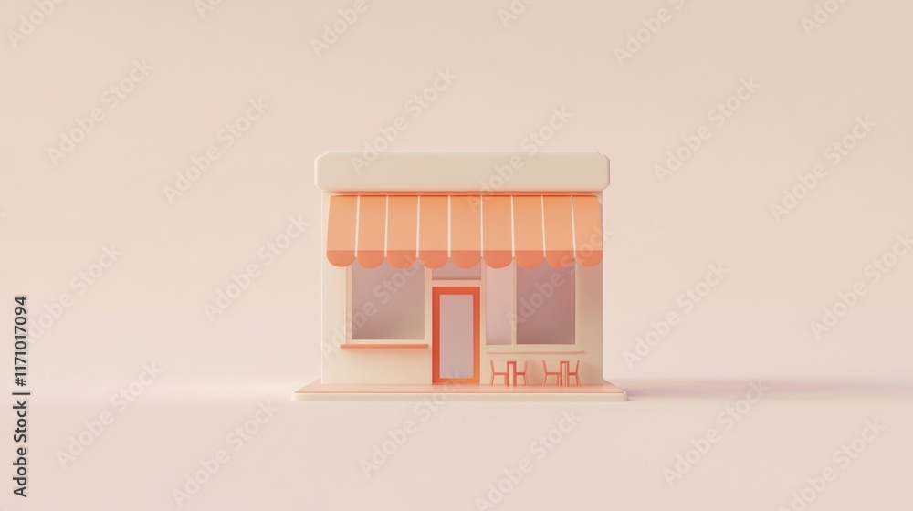 Aufkleber minimalist 3d rendering of a small shop with an orange awning.