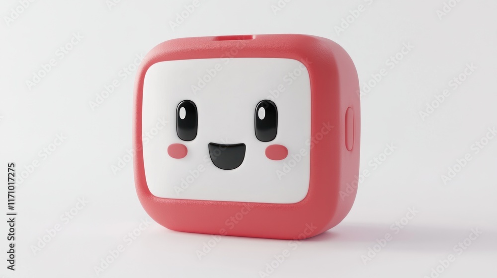 Poster Happy red square cartoon character with a smiling face, 3D rendering on white background.