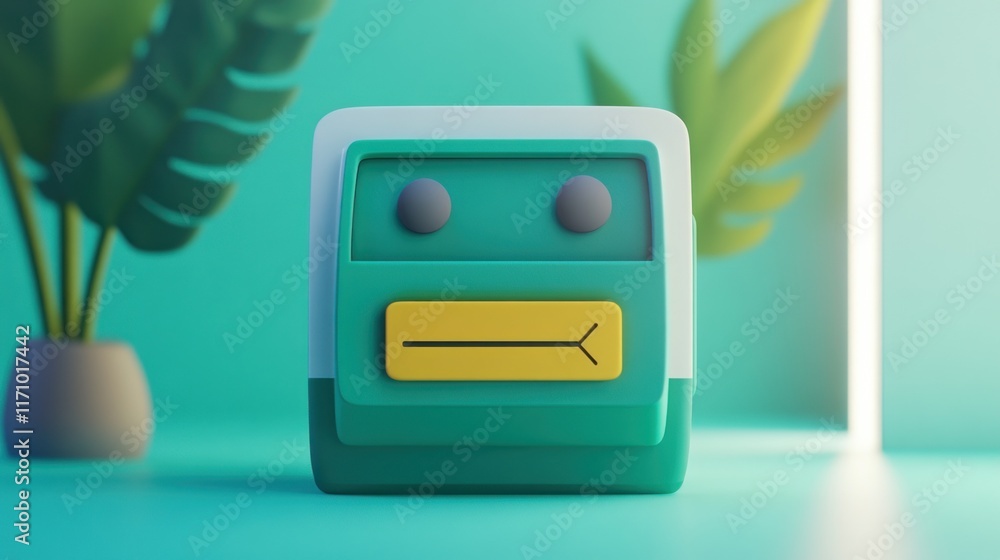Poster cute teal robot cartoon character with simple design against a teal background and plants.