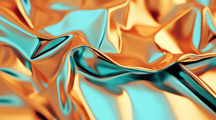 Vivid abstract metallic texture with vibrant turquoise and gold hues, showcasing smooth folds and reflective surfaces for dynamic and luxurious visual effect