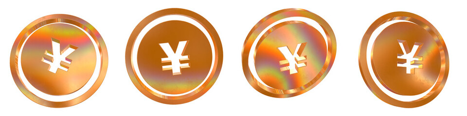Obraz premium Set of 4 3d yen coin shapes with golden and rainbow effects isolated on a transparent background. 3d elements for graphic design.