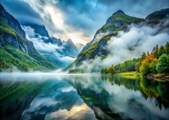Obraz premium Minimalist Foggy Norwegian Fjord Landscape: Serene Mountain Lake Scene