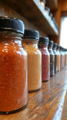 A row of jars filled with different types of spices