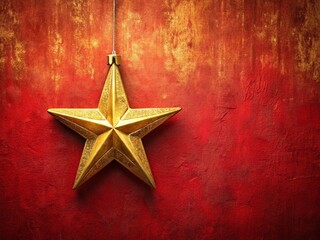 Naklejka premium Minimalist Golden Christmas Star Ornament on Red Vintage Wall - Macro Photography