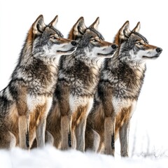 Fototapeta premium Three wolves standing side by side in a snowy landscape, showcasing their majestic features.