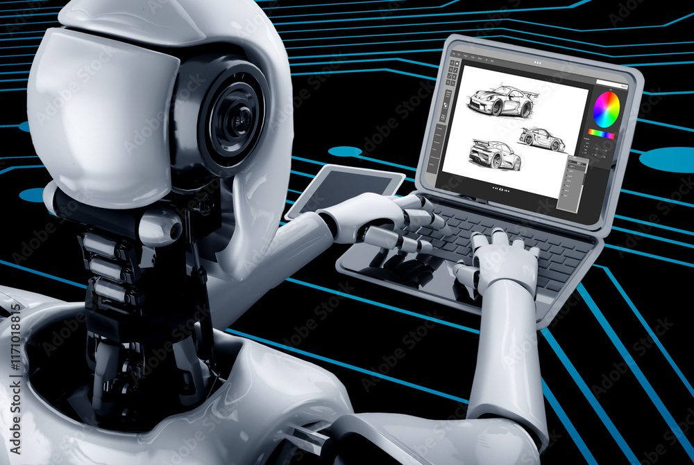 Poster electric car design software on computer screen showing simulation blueprint snugly by digital calcu
