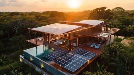 Fototapeta premium Solar-powered facilities in eco-tourism resorts, providing clean energy for amenities while minimizing the environmental impact on local wildlife. 