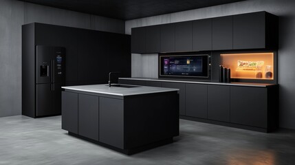 A futuristic kitchen with matte black cabinetry, touchless fixtures, and advanced smart home integration. 