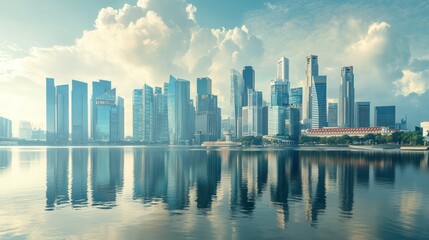 Obraz premium Panoramic view of Singapore skyline reflecting on calm water at sunrise. 