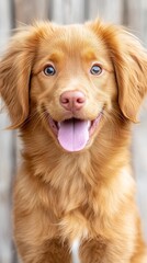 A brown dog with blue eyes and a pink tongue