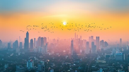 Fototapeta premium view of tall buildings decorated with flying birds and trees