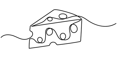 Сheese in continuous line art drawing style. Wheel of cheese with holes and a piece cut from it. Minimalist black linear sketch isolated on white background. Vector illustration, Swiss hard cheese.
