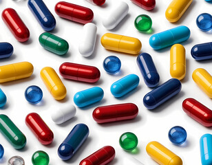 a realistic image of medicine capsules scattered randomly on a clean white background