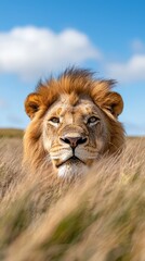 Obraz premium A lion laying in the tall grass looking at the camera