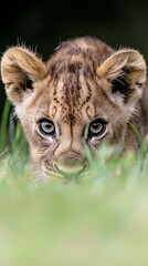 Fototapeta premium A small lion cub peeking out of the grass