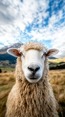 Fototapeta premium A sheep standing in a grassy field with mountains in the background