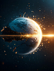 Obraz premium A vibrant depiction of a fragmented Earth, illuminated by a radiant beam of light, symbolizing destruction and renewal in a cosmic setting.
