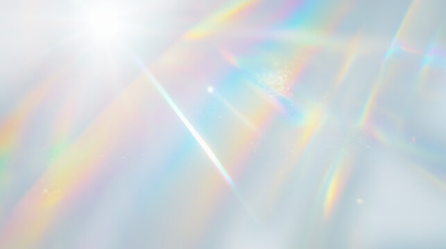 Holographic rainbow light refraction texture overlay with abstract soft bokeh effect on a transparent PNG backdrop. Organic prismatic glow and natural shadows. Background with copy space