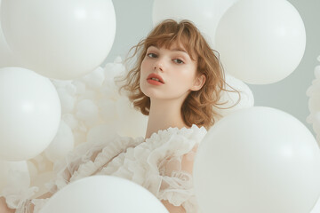 Serene Female Figure Amidst Soft Off-White Botanicals