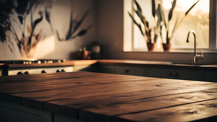 Wood table top on blur kitchen counter in morning background.