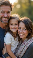 Obraz premium A happy family of three, a man, a woman, and a young girl, share a warm embrace in a sun-drenched park. Their radiant smiles and loving expressions capture the essence of joy, connection, and