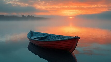 Naklejka premium Solitary Rowboat at Sunrise Misty Lake