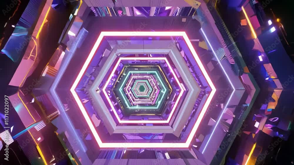 Poster tunnel of abstract light: glowing geometric patterns in a seamless 3d animation for music videos
