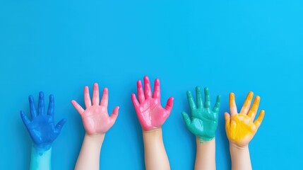 Rainbow Hands: A vibrant image of five children's hands painted in assorted bright colors against a cheerful blue background. A joyful expression of creativity and childhood fun.