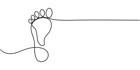 Continuous one line art drawing of human footprint vector, One continuous line drawing of bare foot and footprint. Elegance female feet in simple linear style. Concept of Wellness massage and care.