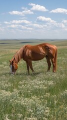 Fototapeta premium A brown horse grazing in a lush green field under a bright blue sky with fluffy clouds.