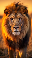 Fototapeta premium The Majestic Golden King of the African Plains: Portrait of a Powerful Lion in Its Natural Habitat