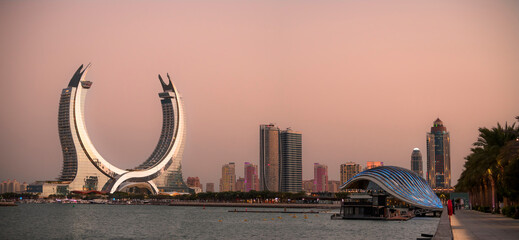 Katara buildings view from Lusail Marina Park. Great view with Crescent Tower