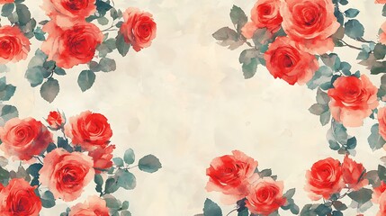 Overhead view of a smooth, delicate watercolor pattern of fresh red roses with rich, colorful textures for floral-themed designs and a cozy, romantic backdrop