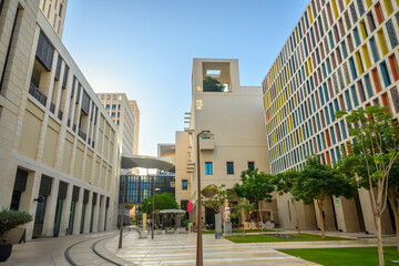 Street where cultural richness is felt with the tram passing in the Msheireb area in Doha Qatar