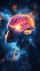Fototapeta premium Human Head Silhouette with Glowing Brain, Galaxy Background, Concept Image of Consciousness