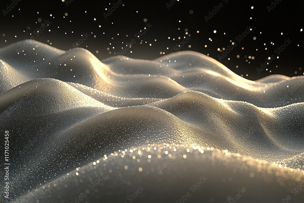 Poster a shimmering landscape of soft, undulating forms with sparkling particles in a dark background.