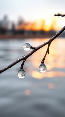 Fototapeta premium A branch with water droplets on it in front of a sunset