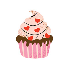 Cute pink cupcake with chocolate frosting and heart decorations. Perfect for Valentine's Day cards, stickers, and gift tags. Flat vector illustration isolated on white background.